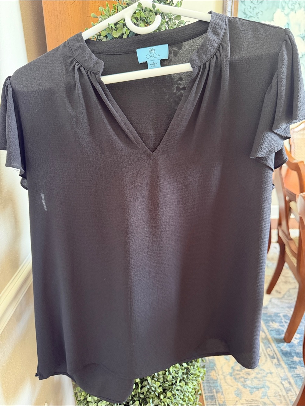 CeCe Black V-Neck Flutter Sleeve Blouse